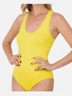 Zenana Womens Yellow Racerback Scoop Neck Snap Bottom Tank Top Bodysuit-S,M,L,XL